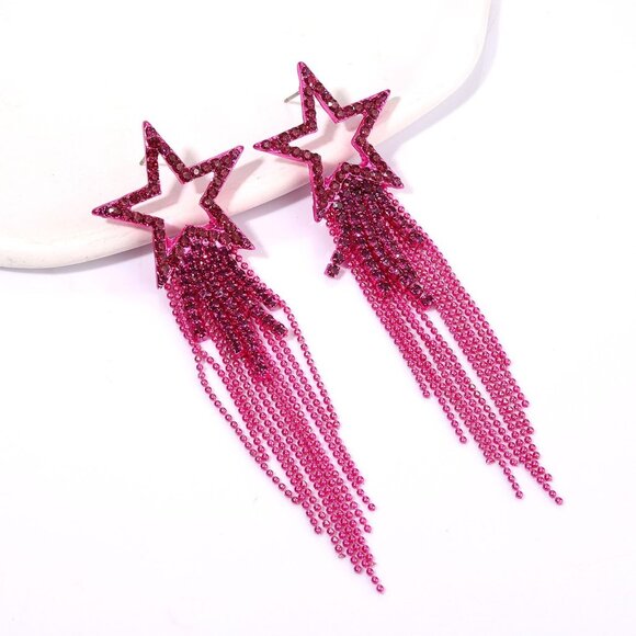 Women’s Tassel Earrings Star Ear Stud Pave Crystal Dangle Earrings Boho Waterfal - Picture 3 of 6